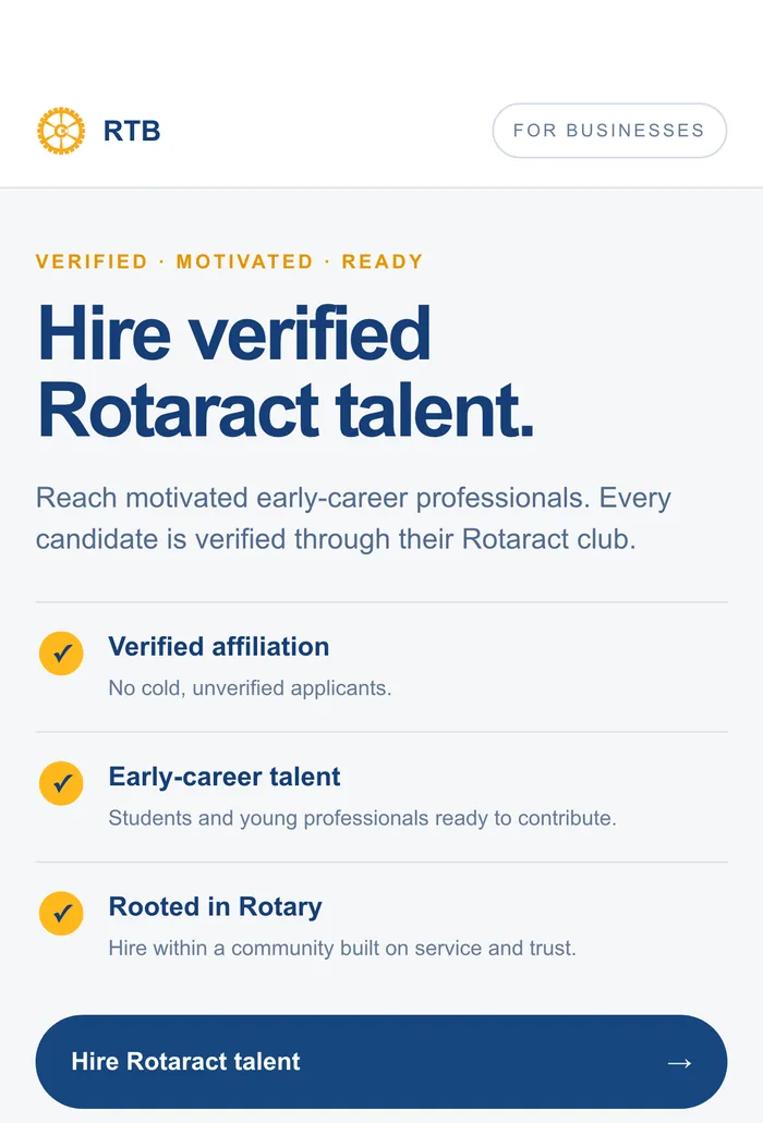 The RTB page for employers on a phone, headed Hire verified Rotaract talent, with verified affiliation, early-career talent and Rooted in Rotary, and a Hire Rotaract talent button.